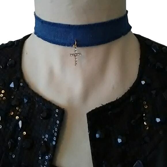 DENIM Choker Crystal Cross Pendent Med Blue Necklace Boho Punk Religious Christ - Picture 2 of 5